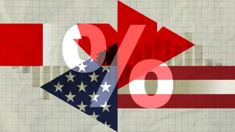BBC A graphic  shows stylised images of the Canadian and US flags over graphs