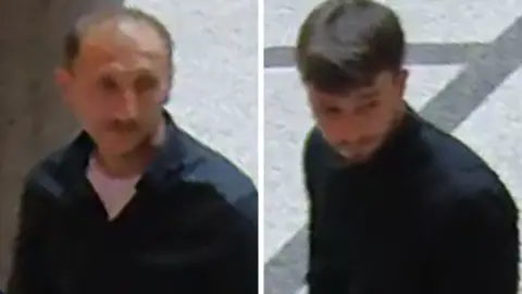 LPD Wien Grainy stills of two men walking through an atrium wearing dark tops.