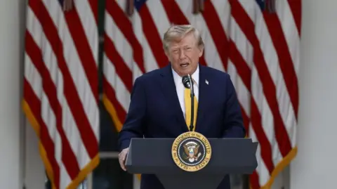 EPA US President Donald Trump delivers remarks outside the White House. He is speaking at a podium with the US presidential seal at the front. He is wearing a dark navy blue suit and a yellow tie. Behind him are several US flags. 
