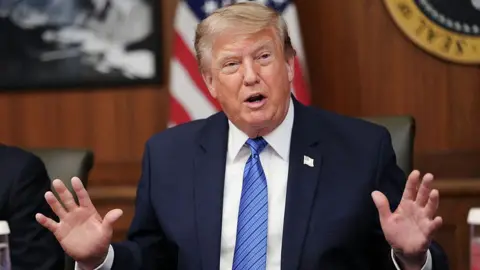 AFP via Getty Images US President Donald Trump raises both his hands while speaking during a Cabinet meeting at Camp David in Maryland on 31 July. 

