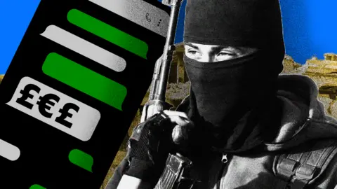 BBC A composite image showing a stylised rendition of a phone with WhatsApp-style text message bubbles in grey and green, with one displaying currency symbols. On the right-hand side is an image of an IS militant with his face covered with a balaclava and carrying an assault rifle, with an image of war-torn Syria behind him.