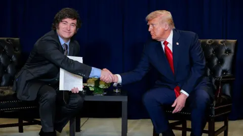Chip Somodevilla/Getty Images US President Donald Trump (R) shakes hands with President of Argentina Javier Milei during a bilateral meeting at the 80th session of the UN’s General Assembly at the United Nations headquarters on September 23, 2025 in New York City. The men are both wearing dark suits and sitting on chairs. Milei is smiling with his mouth closed, while Trump, looking at him, has a serious expression.