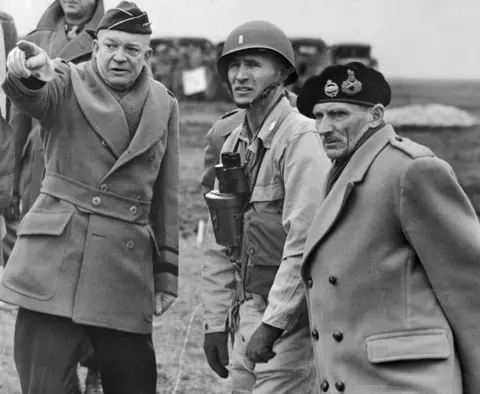 Getty Images Eisenhower and Montgomery on the battlefield with a soldier