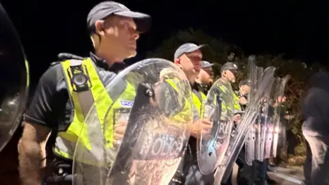 The protesters blocked roads near the Eastney Landing ferry port area