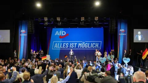Reuters A crowd waves German flags in front of a stage which has a blue background and AfD's logo. 