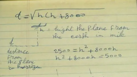 SDNY A piece of yellow lined paper with handwritten notes in clumsy handwriting, which show several equations and a basic sketch of a plane with dotted axis lines labelled h and d. H stands for the height of a plan from the Earth in miles. D, the distance from the plane to the horizon.