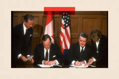Getty Images Pres. Mulroney (R) & Pres. Bush sitting, framed by flags, penning acid rain agreement in signing ceremony in Ottawa, Canada