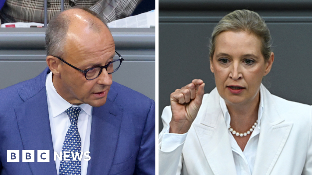 Germany's Merz attacks AfD in stormy debate after far-right election winGermany's chancellor clashes with AfD leader Alice Weidel, saying her migration policy amounts to "ethnic cleansing" for skilled workers.1 hr agoEurope Germany's Merz attacks AfD in stormy debate after far-right election winGermany's chancellor clashes with AfD leader Alice Weidel, saying her migration policy amounts to "ethnic cleansing" for skilled workers.1 hr agoEurope