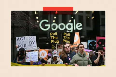 JUSTIN TALLIS / AFP via Getty Images Protesters gather with banners and placards outside the offices of Google at a protest organized by PauseAI UK