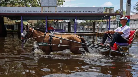 Getty Images A man drives a horse and cart through high flood waters in Manila in the Philippines in August, where El Niño is expected to have a major influence on storms