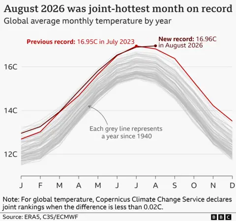 A graphic with the title "August 2026 was the joint-hottest month on record" and subheading "Global average monthly temperature by year". The graph shows a series of lines showing the global average temperature throughout the year. All lines are grey apart from the 2023 year which is in a light red and has the label "Previous record: 16.95C in July 2023", a darker red line marks this year with the label "New record: 16.96C in August 2026". The footnote reads "For global temperature, Copernicus Climate Change Service declares joint rankings when the difference is less than 0.02C".