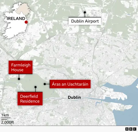 A map of an area in Dublin. It features Farmleigh Hosue, Deerflied Residence and Áras an Uachtaráin.