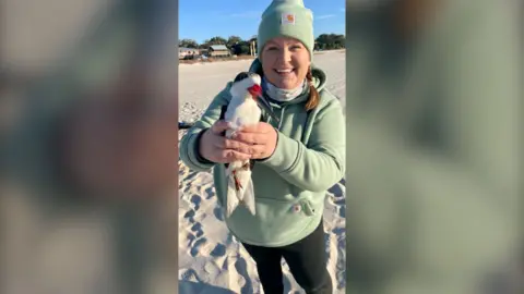 Supplied Wildlife biologist Brittney Brown holding a bird on a beach. She is a white woman and is wearing a green sweatshirt and a green hat.