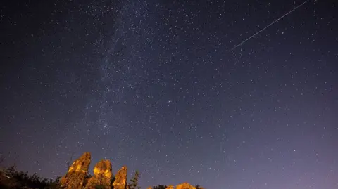 Getty Images A rocky outcrop and the tops of some trees appear in the bottom left corner underneath a starry, indigo-coloured sky with a meteor streaking across in the top right corner. 