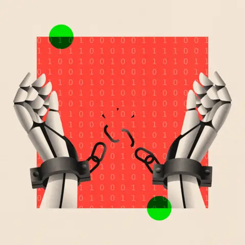 BBC A treated image of robot hands breaking free from handcuffs.