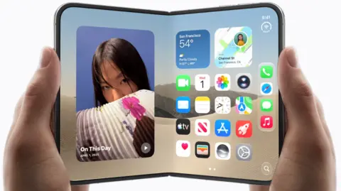 Apple/courtesy An image of the new foldable iPhone Duo in a woman's hands, being opened like a book.