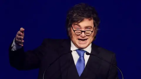 Reuters Argentina's President Javier Milei delivers a speech at the opening ceremony of the 5th Regional Meeting of the Madrid Forum, in Santiago, Chile, September 3