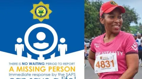 South Africa Police Service A poster from the South African police which reads: There is no waiting period to report a missing person, next to a photo of Elizabeth Moselakgomo. She is wearing a pink running top with a number pinned to it, along with a pink cap. She is smiling.