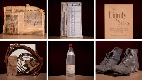 PA Media Several items, including an old brown newspaper, battered hobnail boots and a bottle of Schweppes bottled water are displayed side by side in a six-way composite image.