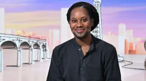BBC Jason Arday photographed on the panel of BBC show Sunday with Laura Kussenberg