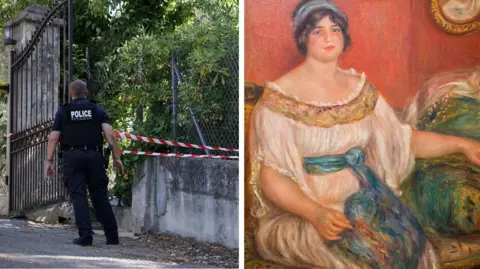Reuters/Museum Renoir A composite image of two photos. On the left a local policeman with the words POLICE on his back stands next to a hole in the outer fence of the Renoir Museum. There is police tape across the fence. On the right is a painting of a woman sitting on an old-fashioned chaise-longue. She is wearing a floaty white dress with a piece of blue fabric as a belt.
