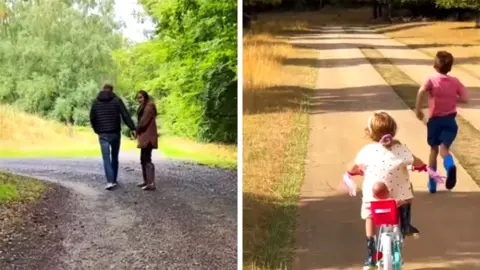 Instagram/Meghan Duchess of Sussex Composite image of Harry and Meghan walking along a country path. He has his back to the camera as she turns to face it. They are holding hands. On the right hand side, Lilibet rides a bike with a red seat on the back carrying a doll, while Archie runs ahead of her. 