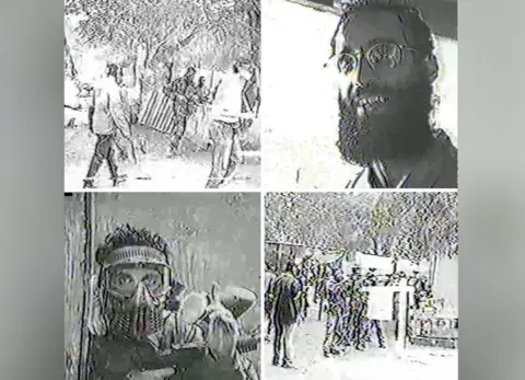 SDNY Four square images in a composite - grainy and poor quality - of a paintballing session. There are two images (top left and bottom right) of groups of men. The top right and bottom left images are faces of men. The man in the bottom left has a mask on. 