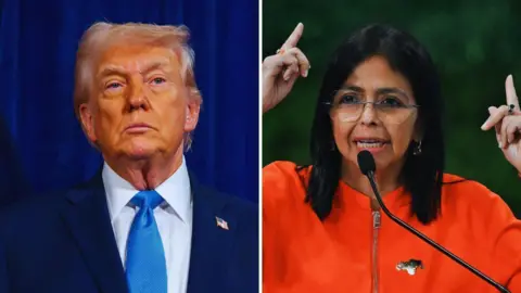 EPA/Getty Images Collage image of President Donald Trump wit blue suit and light blue tie, and Venezuela vice president Delcy Rodriguez
