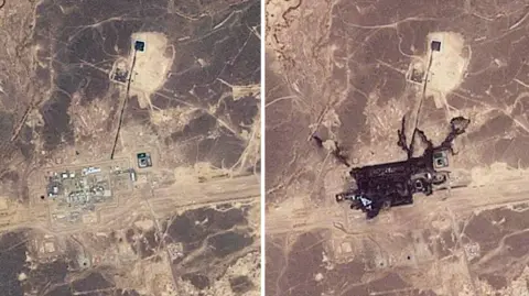Planet Labs PBC Satellite images show images of the area where the East-West pipeline was hit before (left) and after