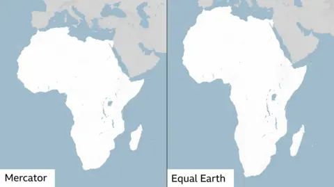 BBC Side-by-side maps of Africa comparing two map projections. The Mercator projection on the left makes Africa appear smaller in comparison with Europe to its north. The Equal Earth projection on the right shows a longer, more proportionally accurate shape of the continent.