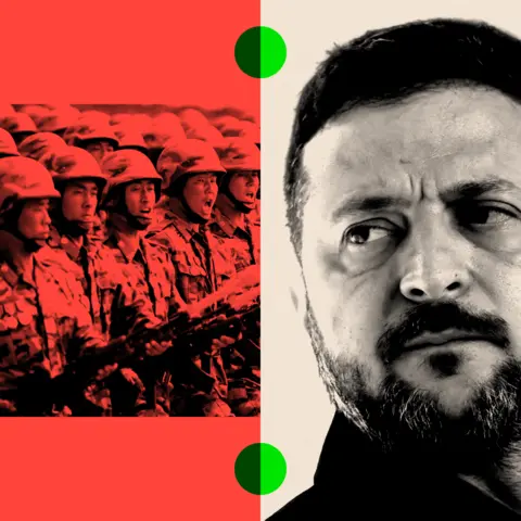BBC Two treated image: On the right, a row of North Korean soldiers and on the left, a close of Image of Volodymyr Zelenskyy

